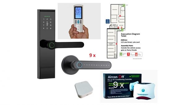 Complete Rooming House Package - 10 x Biometric Locks, 9 x AirConOff Sensors & Remotes + Set of Evacuation Diagrams, free G2 Gateway and Wall Mounts