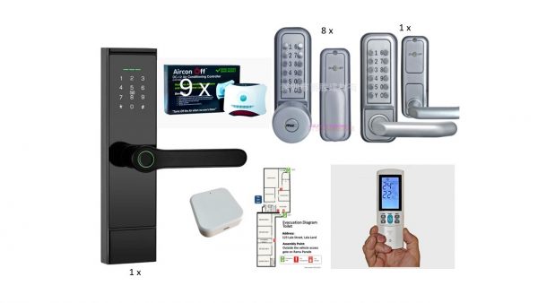 Complete Rooming House Package - 1 x Biometric Lock, 9 x Mechanical Locks, 9 x AirConOff Sensors & Remotes + Set of Evacuation Diagrams, free G2 Gateway and Wall Mounts