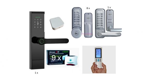 Rooming House Package - 1x Biometric Lock, 9 x Mechanical Locks, 9 x AirConOff Sensors & Remotes + free G2 Gateway and Wall Mounts